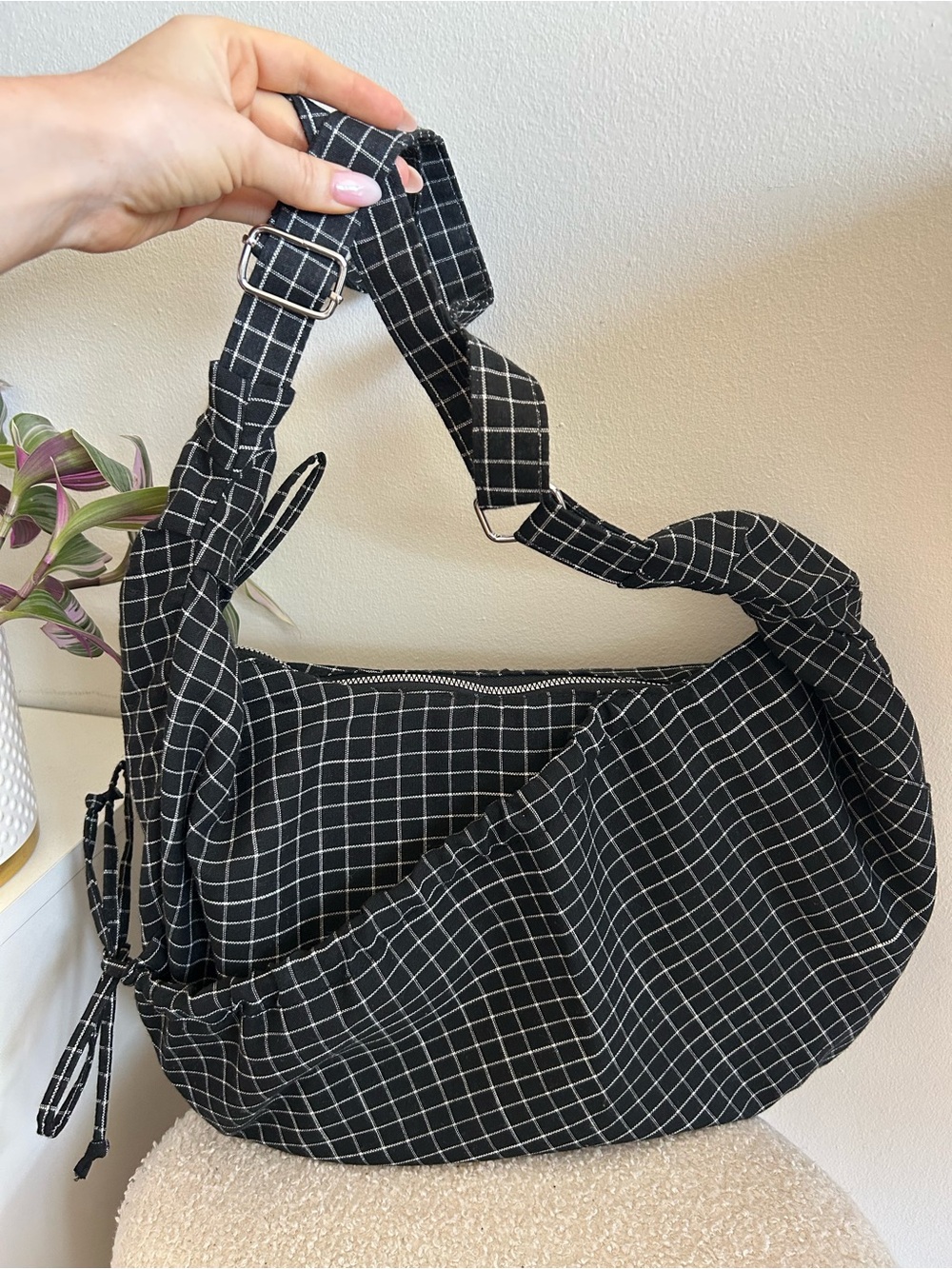 Black Grid-Print Shoulder Bag